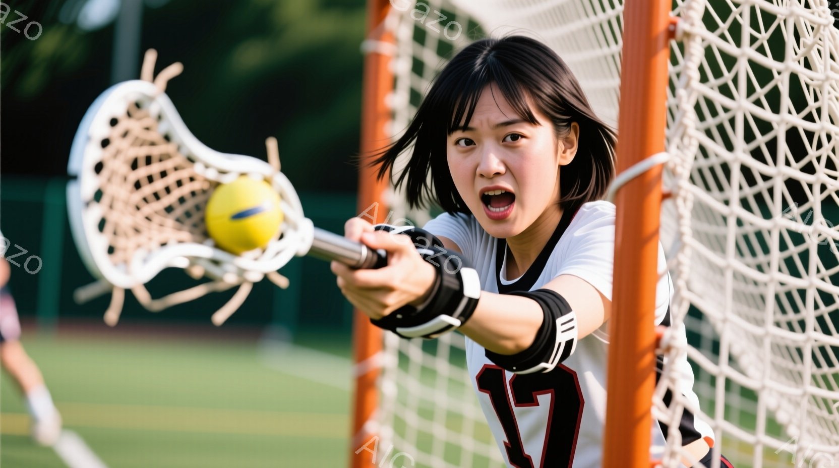 ラクロスをしている女性の画像です。彼女は黒いヘアスタイルで、白いシャツに黒い数字の「17」がプリントされています。彼女はラクロススティックを前に突き出し、ボールを強く打ち出すような姿勢で、顔には力強い表情が浮かんでいます。