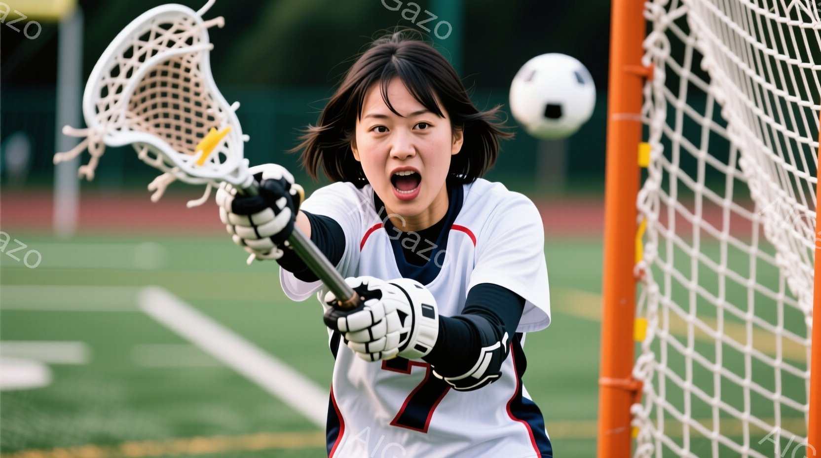 ラクロスをしている若い女性が写っています。彼女は白と紺のユニフォームに黒いヘアバンドをしており、表情は真剣で、ラクロススティックを前に突き出しています。背景には緑のフィールドとネット、そしてぼやけた建物が見え、運動場の活気ある雰囲気が感じられます。