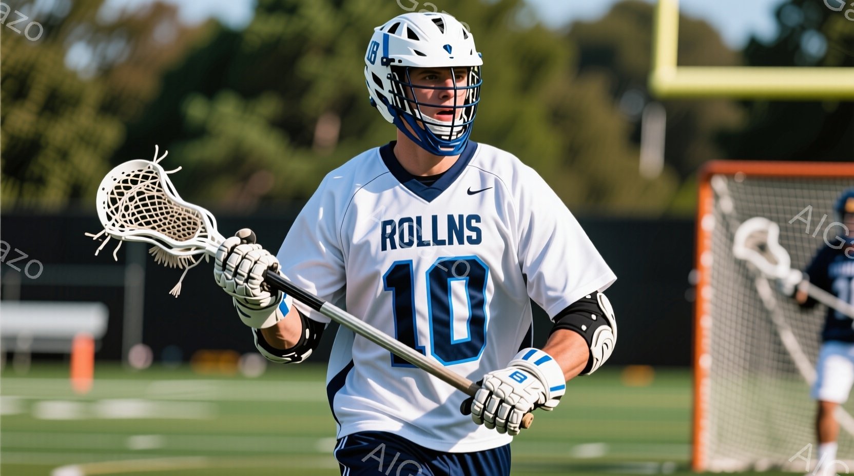 ラクロス選手が試合中にボールを保持している様子が写っています。彼は紺色の短パンと、"ROLLINS"と数字の10が書かれた白いジャージを着ており、ヘルメットと手袋も着用しています。背景には緑の芝生とラクロスのゴールネットが見え、晴れた日の屋外での試合が行われていることが分かります。