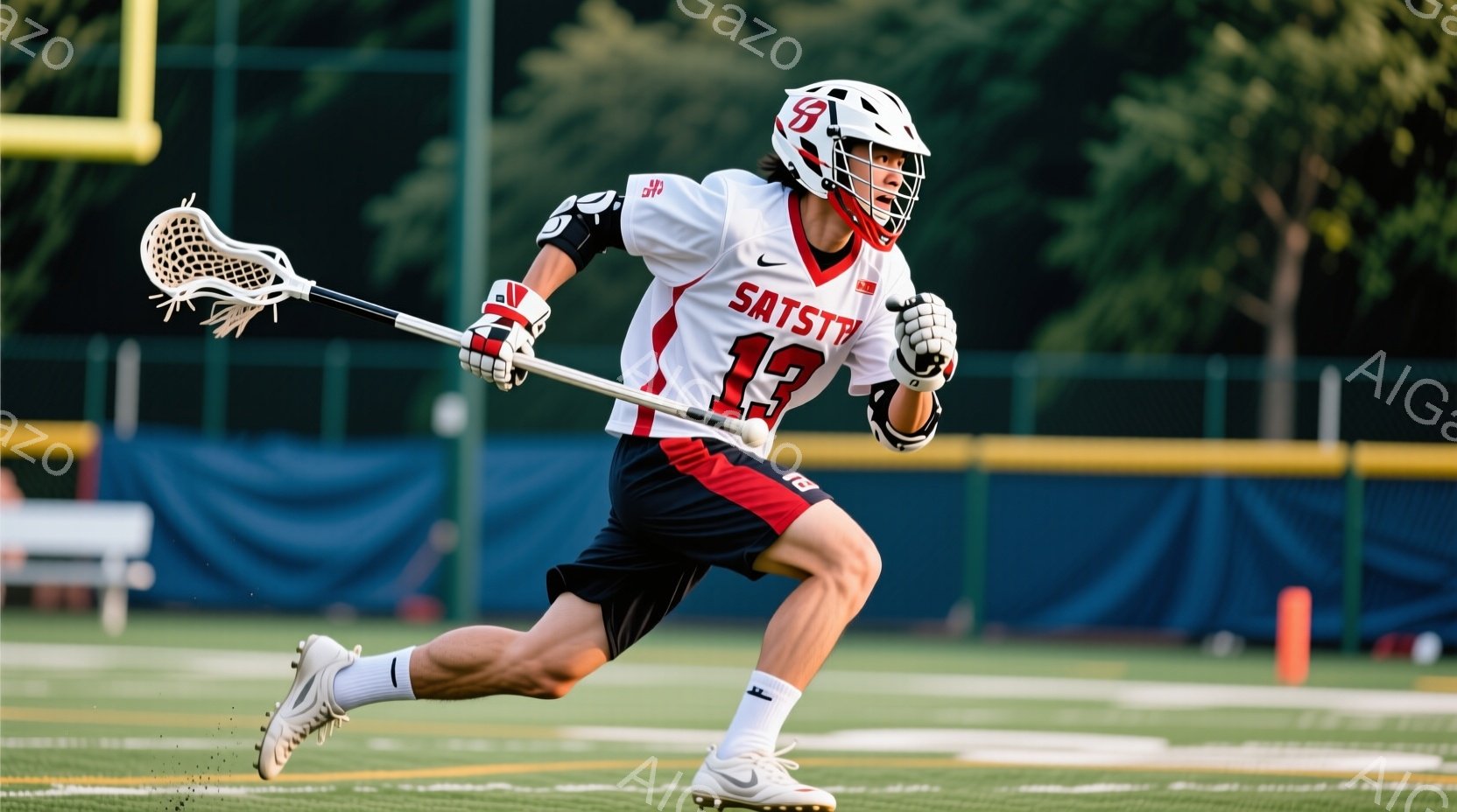 ラクロス選手が緑色の芝生の上を疾走している様子が写っている。彼は白いシャツに赤いショーツを着用し、ヘルメットをかぶっている。背景には、ぼやけたフェンスと観客席が見え、晴れた日の屋外での試合の雰囲気を感 - AI生成フリー素材