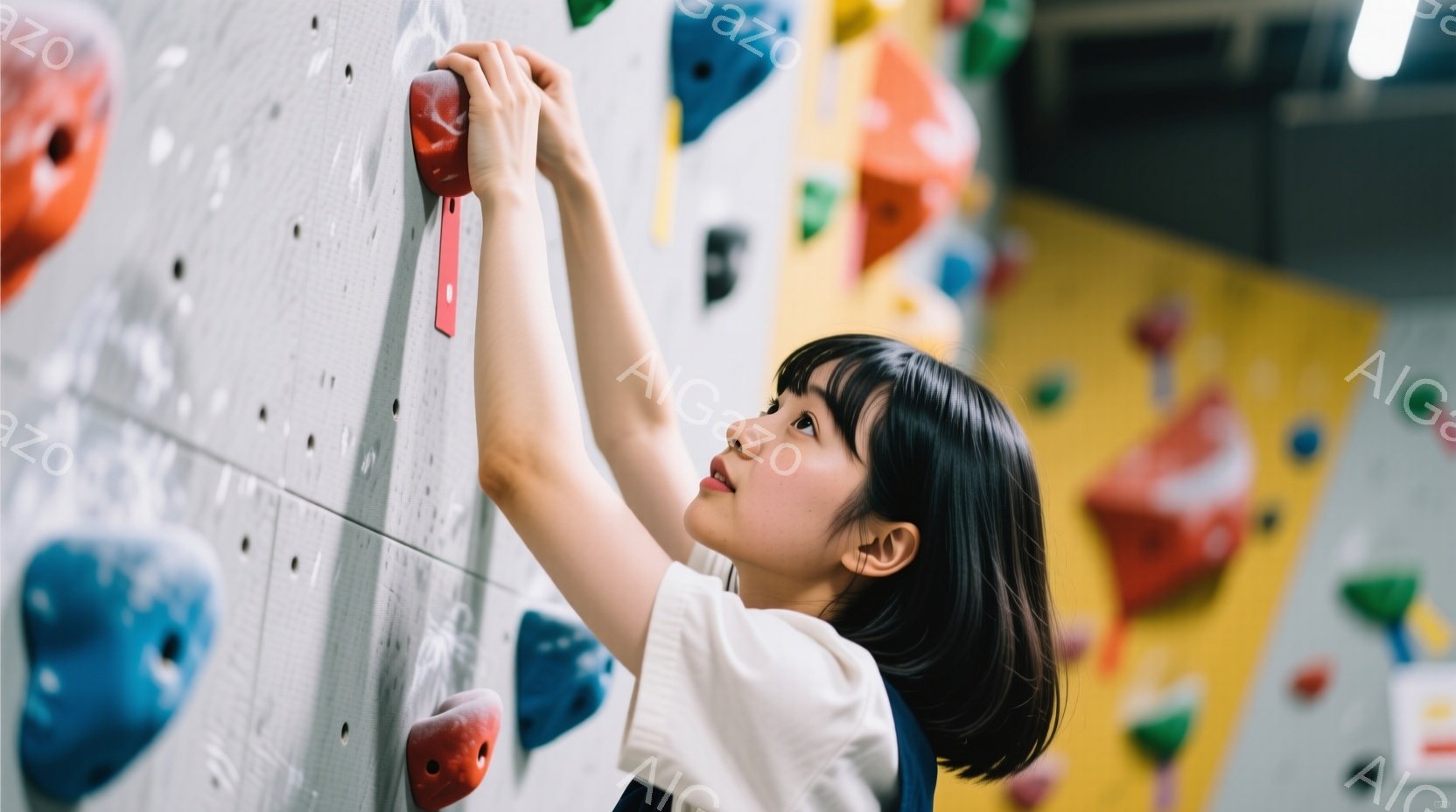 黒髪の女性がクライミングウォールを登っている様子が写っている。白いTシャツと紺色の服を着ており、集中した表情で次のホールドを探している。背景はカラフルなクライミングホールドが並び、クライミングジムの明るい雰囲気が感じられる。