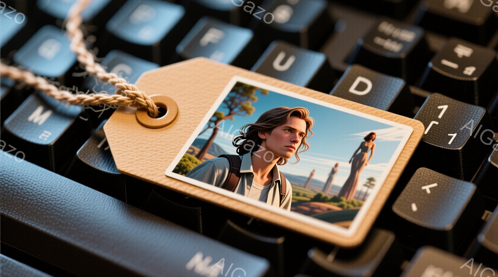 白い背景のタグには、風景写真が印刷されており、若い男性が左側に、遠くの丘の上に女性が立っている様子が描かれています。男性はジャケットを着ており、女性はロングドレスを着ています。背景は緑豊かな丘陵地帯で、空は晴れており、全体的に穏やかで少し物憂げな雰囲気が漂っています。