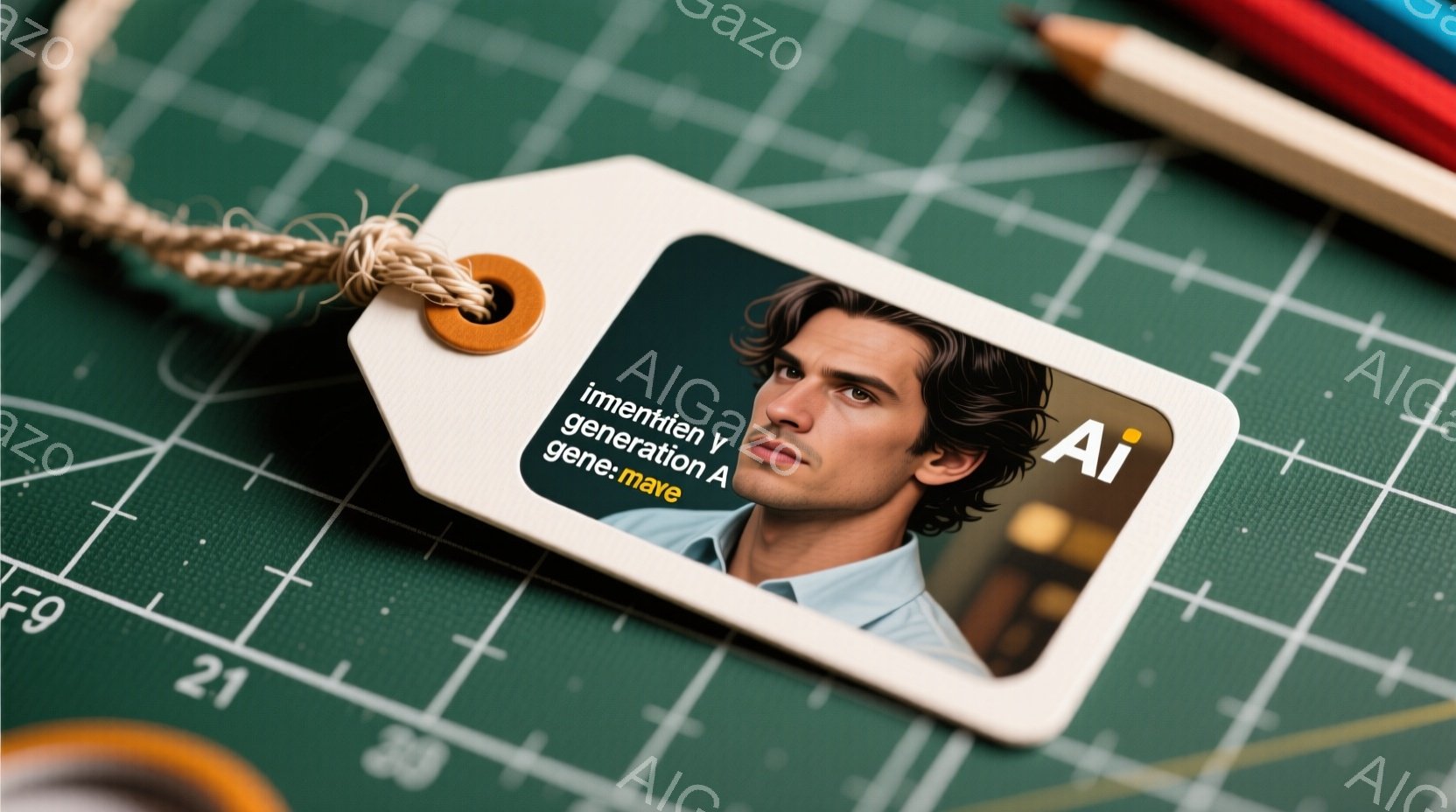 若い男性が白い背景に写った写真が描かれており、その写真はタグに取り付けられています。彼はダークブラウンの髪で、真剣な表情をしています。背景は緑色の格子状のパターンで、定規やペンなどの文房具が置かれています。