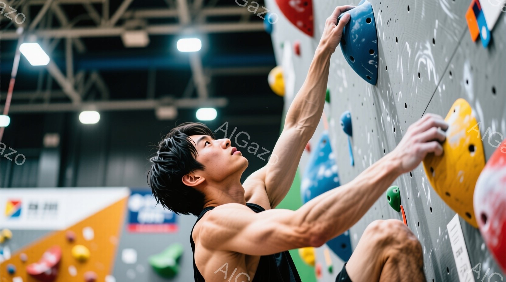 若い男性がクライミングウォールを登っている様子が写っている。彼は黒いタンクトップと短いパンツを着用し、濡れたような黒髪で、集中した表情で手を伸ばしてホールドにつかまっている。背景はカラフルなクライミン - AI生成フリー素材