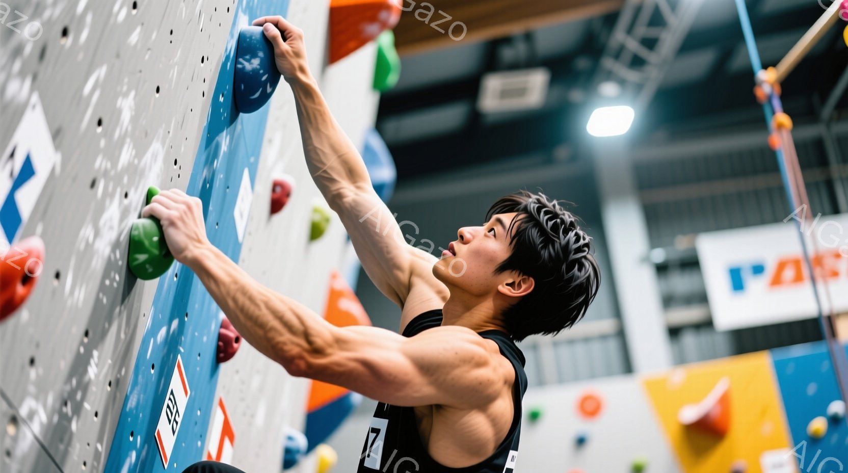 若い男性がクライミングウォールを登っている様子が写っている。彼は黒いタンクトップと短いズボンを着用しており、髪は短く、額には汗が見られる。壁はカラフルなホールドで構成され、背景には他のクライミングエリアや構造物がぼやけて見え、集中して体を動かしている様子から、競技やトレーニングの場面であることがわかる。