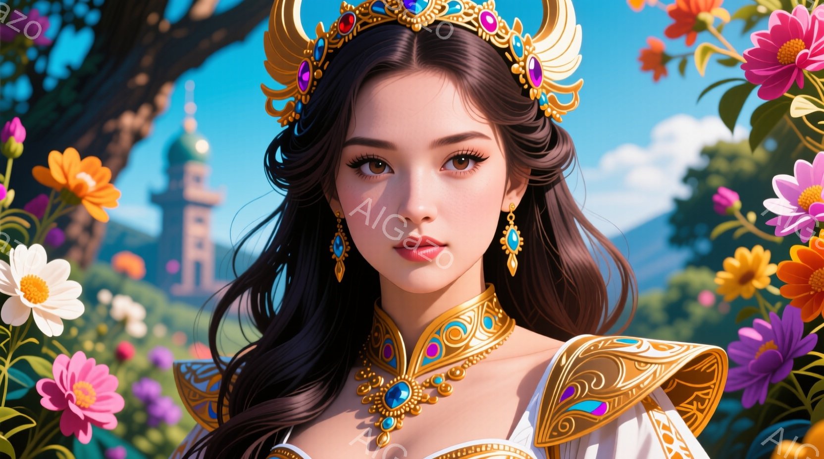 長い黒髪をなびかせた女性が、豪華な装飾が施された白い衣装を身に着けています。彼女は青い宝石が散りばめられた金色の首飾りと耳飾りをつけ、表情は穏やかで上品です。背景には色とりどりの花々が咲き乱れ、遠くに - AI生成フリー素材