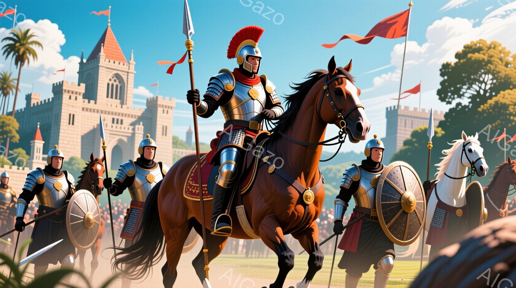 勇敢な騎兵隊が、石造りの城壁と緑の丘陵を背景に、力強く前進している様子が描かれている。兵士たちは金色の装飾が施された鎧を身に着け、赤いマントを翻らせ、顔つきは決意に満ち溢れている。晴天の下、陽光が降り注ぎ、鮮やかな緑と暖色の建物が、活気に満ちた、英雄的な雰囲気を醸し出している。