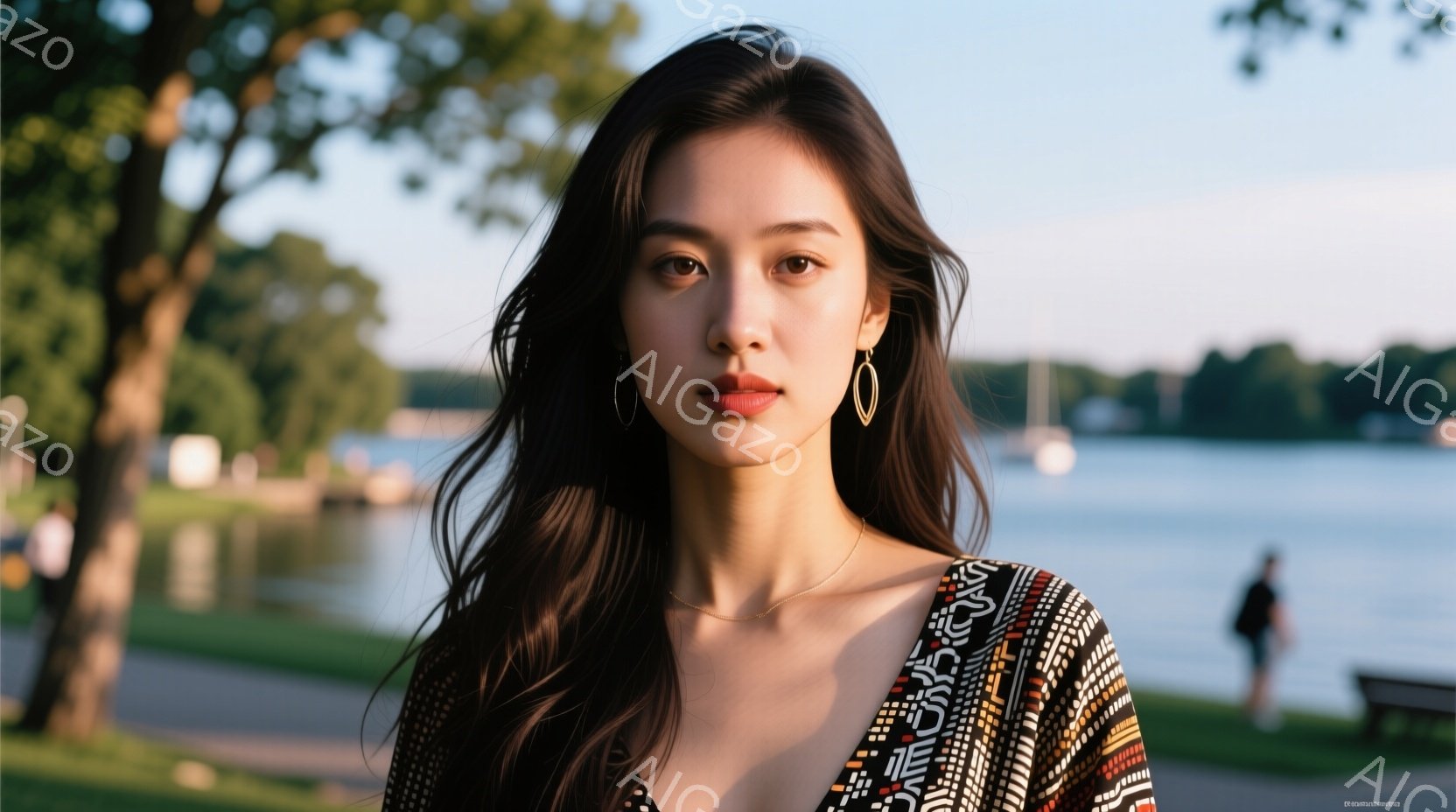 長い黒髪を無造作に垂らし、鮮やかな民族調のプリントが印象的なトップスを身に着けた女性が写っている。彼女はわずかに微笑み、落ち着いた表情でこちらを見つめている。背景には青い湖と緑豊かな木々が広がり、穏や - AI生成フリー素材