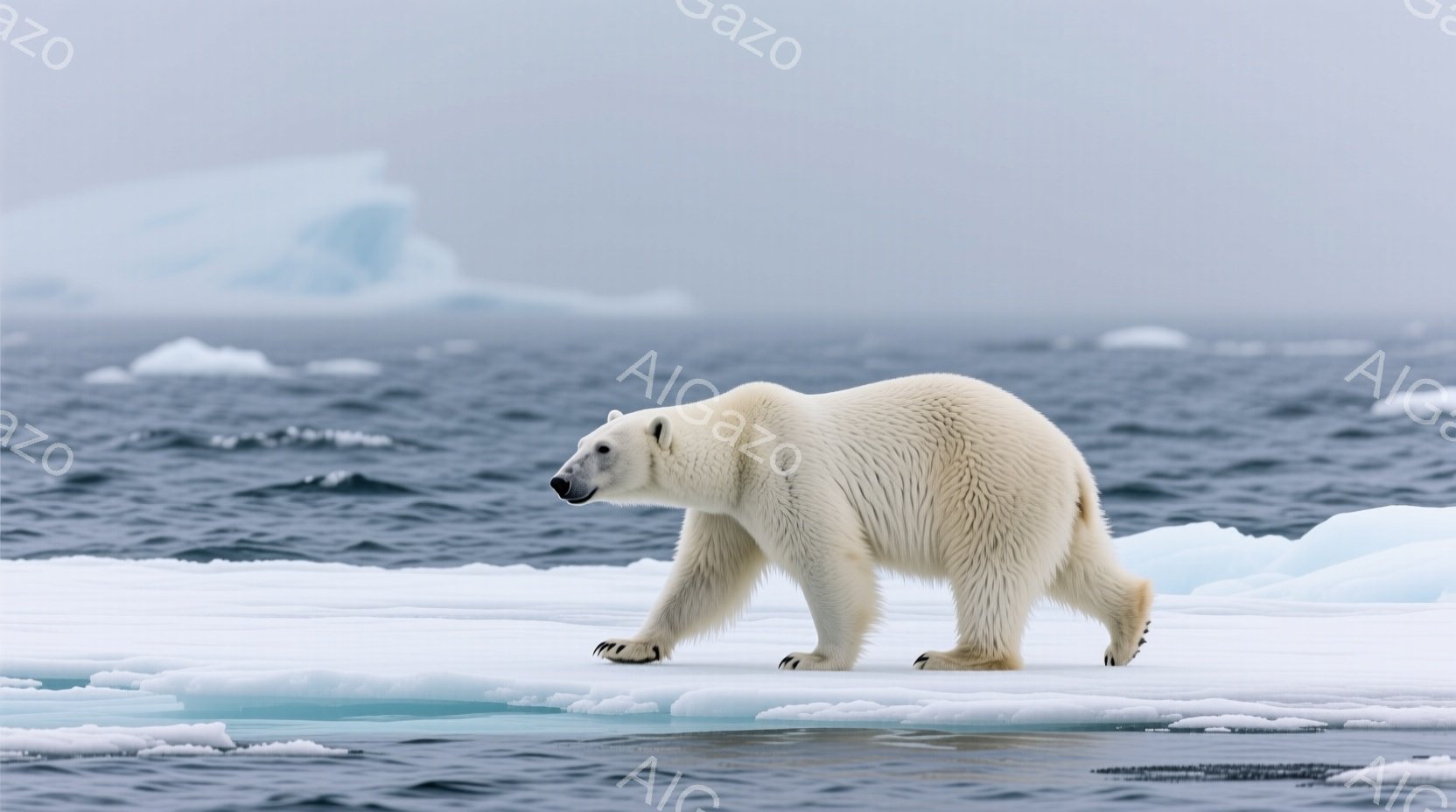 白いホッキョクグマが氷の上に立っており、左に歩いている途中の姿が捉えられています。背景には、灰色がかった海と、いくつかの氷山が点在しており、どんよりとした曇り空が全体を覆っています。冷たく厳しそうな極 - AI生成フリー素材
