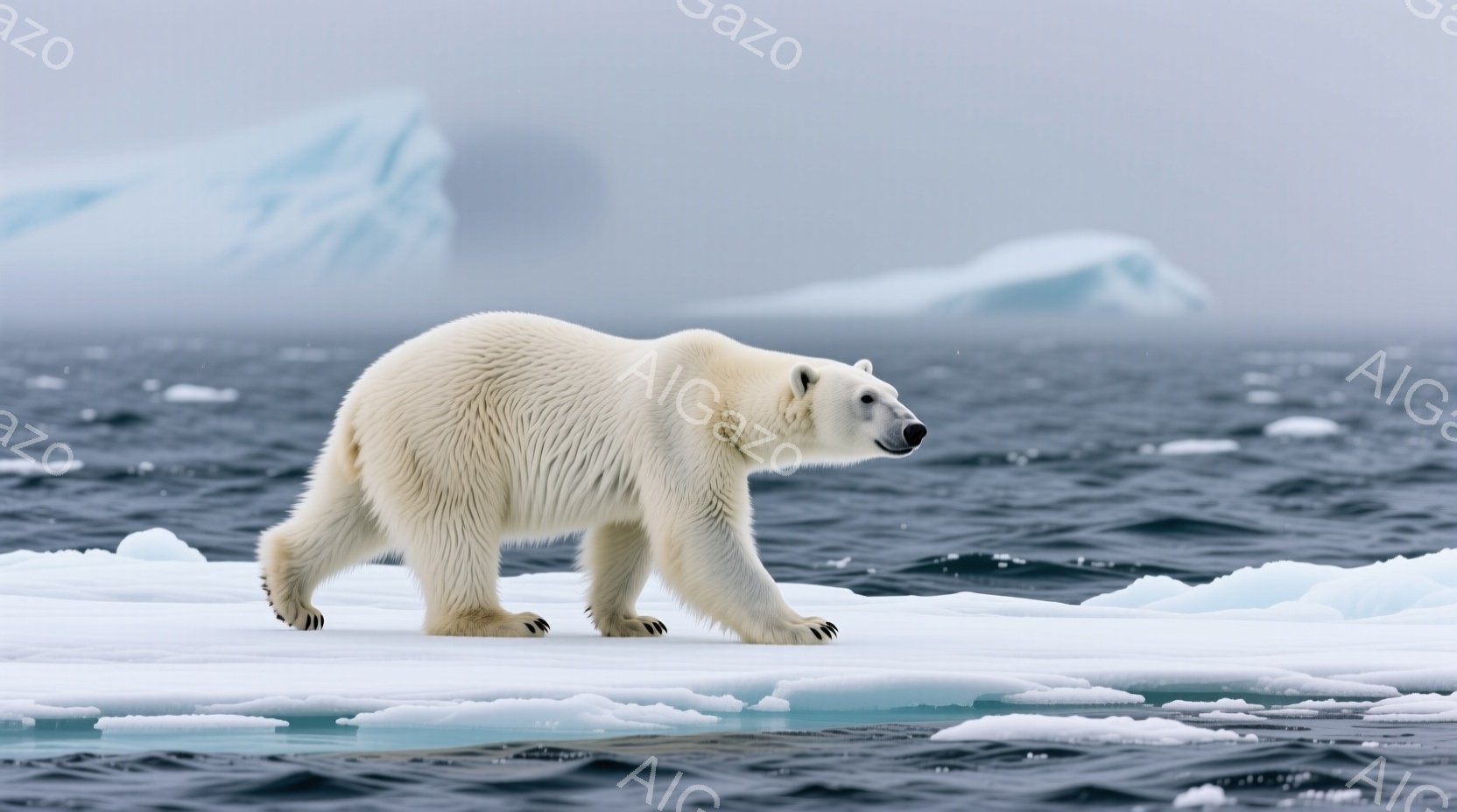 白いホッキョクグマが氷のフローの上に歩いています。その姿勢は力強く、前足を踏み出し、氷の表面をしっかりと捉えています。背景には暗い海とぼんやりとした氷山が広がり、寒く厳しい北極の雰囲気を伝えています。 - AI生成フリー素材