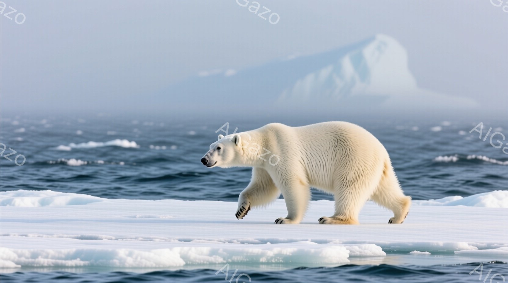白く広大な氷原を歩むホッキョクグマが写っている。その姿は堂々としており、力強い足取りで氷上を歩んでいる。背景には暗い海と、ぼんやりと霞む氷山が広がり、極寒の静寂な雰囲気を醸し出している。 - AI生成フリー素材