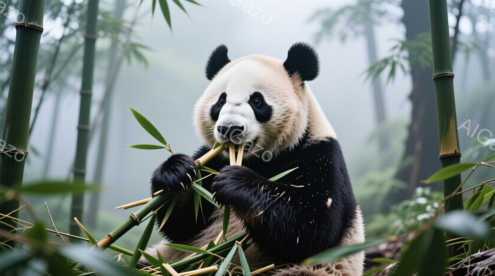 黒と白のパンダが竹を食べている様子が写っている。パンダは前足で竹を抱え込み、集中した表情で美味しそうに咀嚼している。背景には緑の竹林が広がり、霧がかかって幻想的な雰囲気を醸し出している。