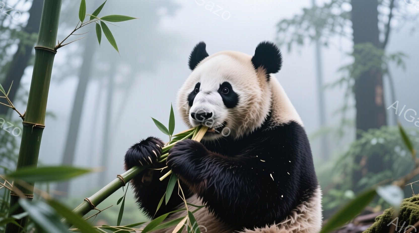 パンダが竹を美味しそうに食べている姿が捉えられています。毛並みは白と黒のコントラストがはっきりしており、特に顔周りの黒い模様が特徴的です。背景には霧のかかった竹林が広がり、幻想的で静かな雰囲気を醸し出 - AI生成フリー素材