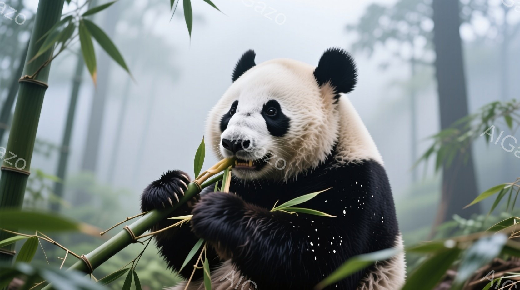 鮮やかな緑の竹の中で、パンダが竹を美味しそうに食べています。パンダは黒と白の毛並みで、集中して食事を楽しんでいる様子が伺えます。背景は霧に包まれた竹林で、幻想的で静かな雰囲気が漂っています。