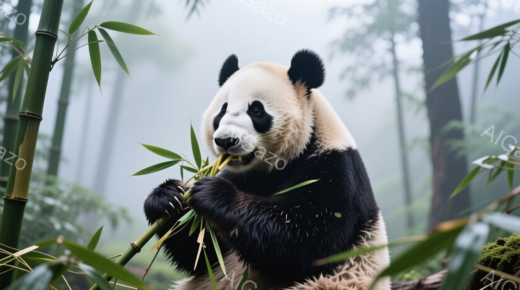 巨大なパンダが緑色の竹を美味しそうに食べている様子が描かれている。パンダは丸い体で、黒と白の毛並みが特徴的で、満足げな表情で竹にかぶりついている。背景は霧に包まれた竹林で、全体的に穏やかで自然な雰囲気が漂っている。