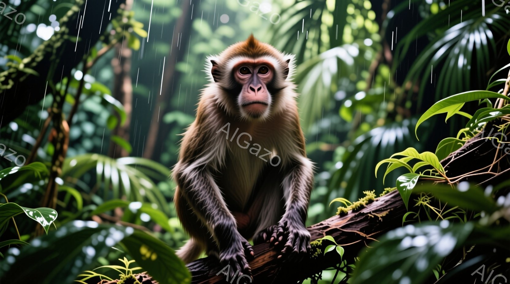 鬱蒼とした緑の熱帯雨林の中で、茶褐色の毛並みを持つ猿が木の枝に座っている。猿は前足を枝につけ、こちらをじっと見つめており、少しばかり不安そうな表情をしている。背景には様々な種類の緑豊かな植物が生い茂り、雨粒が降り注ぎ、湿気を含んだ熱帯の雰囲気を醸し出している。