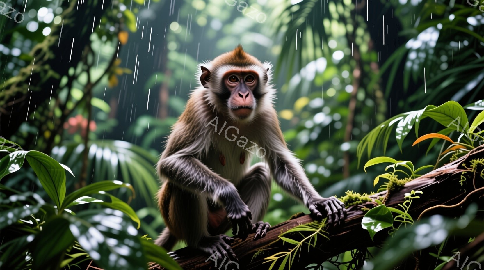 鮮やかな緑の熱帯雨林の中で、毛並みの美しい茶色の猿が、太い木の枝に前足をかけて座っている。その表情は少し緊張しているようで、何かを見つめているのか、注意深く前方に視線を向けている。背景には、密集した葉 - AI生成フリー素材