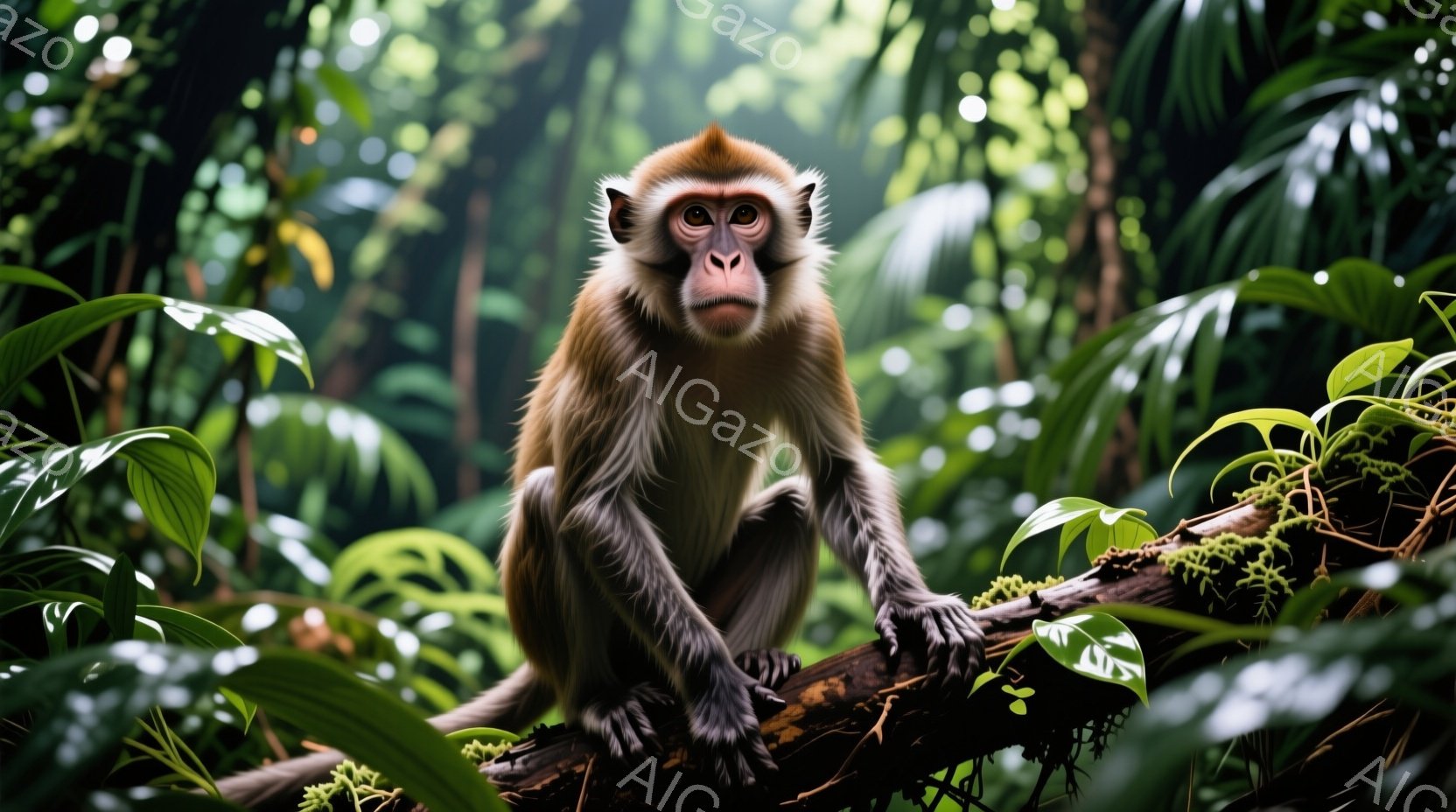 深い緑の熱帯雨林の中で、茶色い毛並みのサルが木の枝に座っている。その表情は落ち着いており、前足を枝に置き、こちらを見つめている。背景は様々な緑色の葉で埋め尽くされ、湿気と生い茂る自然を感じさせる、静かで生命力溢れる雰囲気である。
