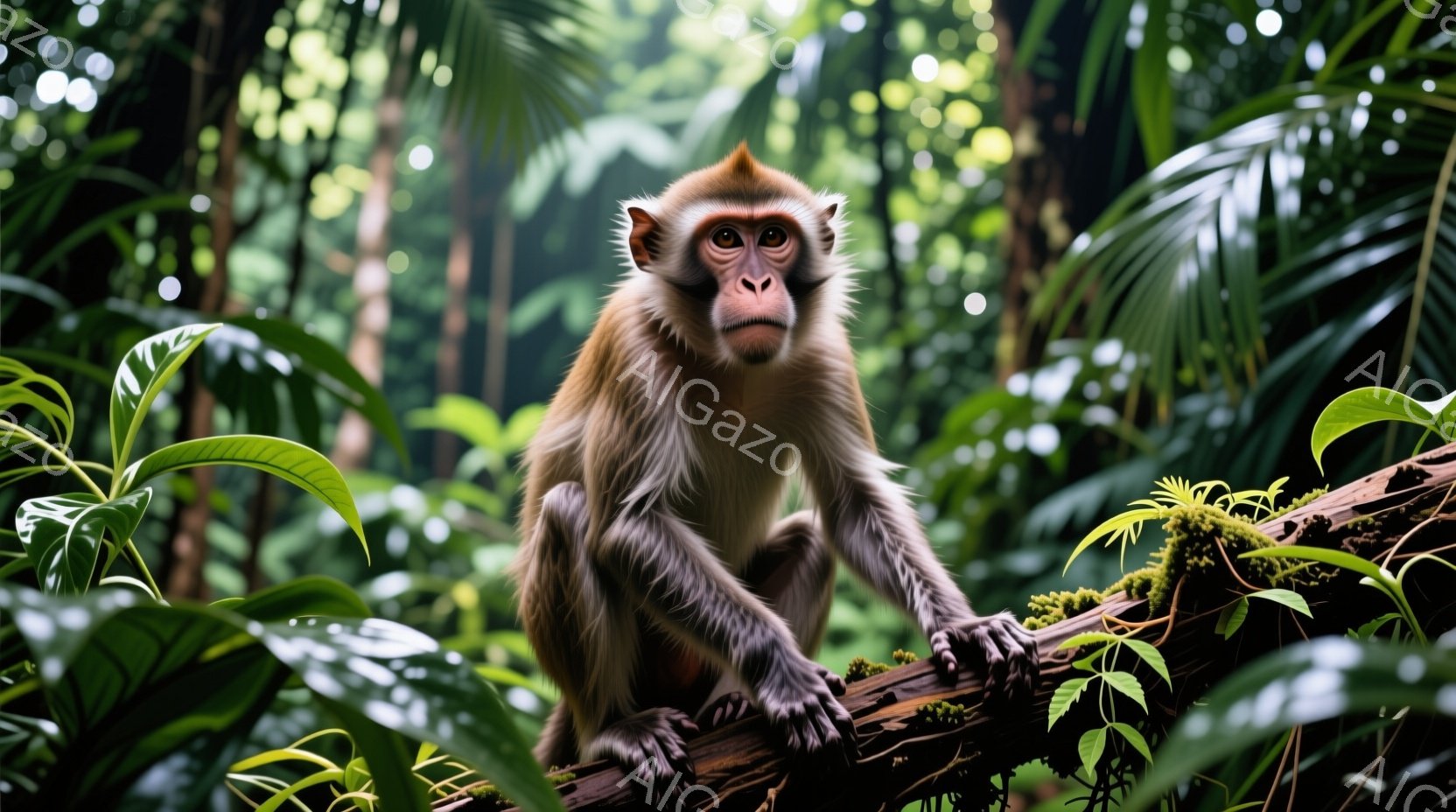 緑豊かな熱帯雨林の中で、一匹のテナガザルが木の枝に座っている。その毛並みは茶色と白の混じり合いで、穏やかな表情でこちらを見つめている。背景には濃い緑の葉が生い茂り、湿度の高いジャングルの雰囲気が伝わってくる。
