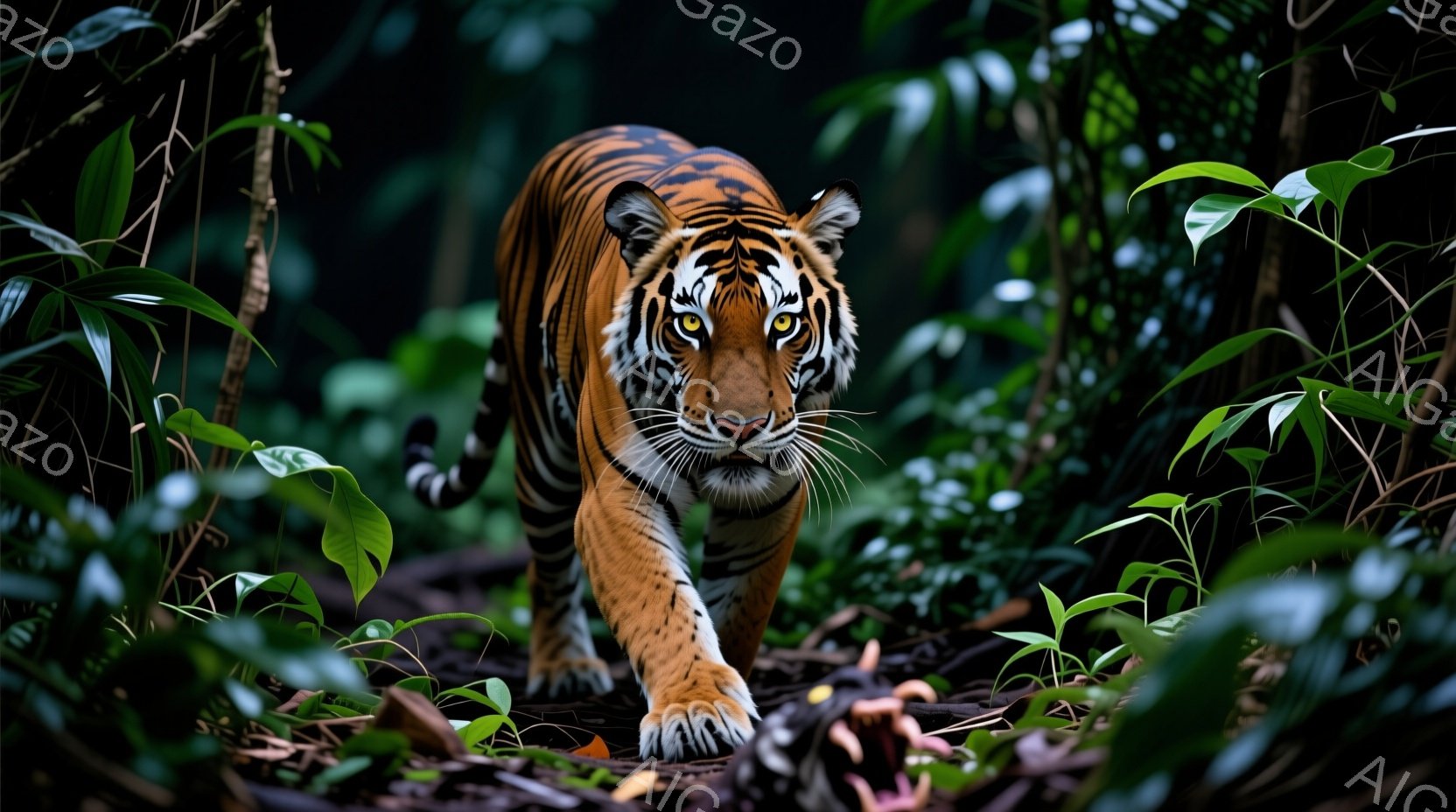 鮮やかなオレンジと黒の縞模様を持つトラが、緑豊かなジャングルの中を歩いている。鋭い眼光で前方を見つめ、力強い足取りで進んでおり、周囲の緑とのコントラストが際立っている。背景には様々な葉が生い茂り、湿っ - AI生成フリー素材