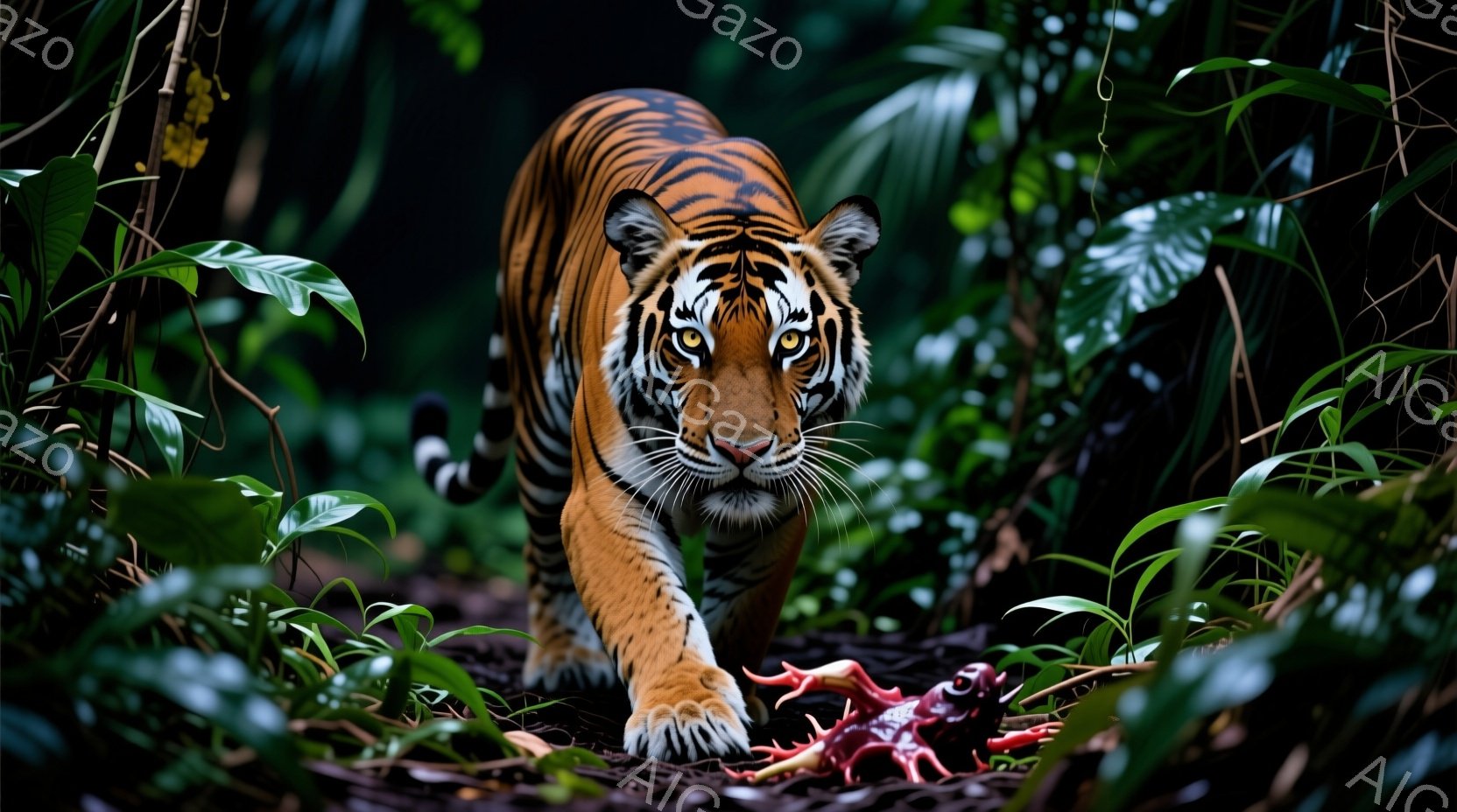 鮮やかな緑の熱帯植物に囲まれ、堂々としたトラが正面を向いて歩いている。その毛並みはオレンジと黒の縞模様で輝き、鋭い視線はカメラを見つめ、力強い存在感を放っている。周囲の暗い背景とトラの鮮やかな色彩が対 - AI生成フリー素材