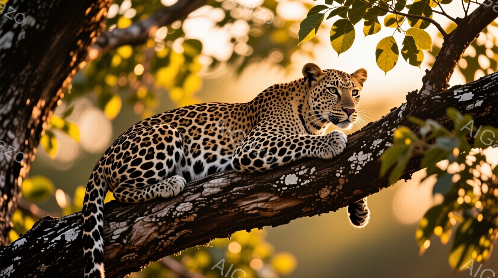 木の枝にヒョウが横たわっており、まるで王座に鎮座しているかのような堂々とした姿を見せています。その毛並みは鮮やかな斑点で覆われ、筋肉質な体つきがよくわかります。背景は夕焼けの光に照らされた緑豊かな木々で、ヒョウの落ち着いた雰囲気と相まって、静かで力強い自然の息吹を感じさせます。