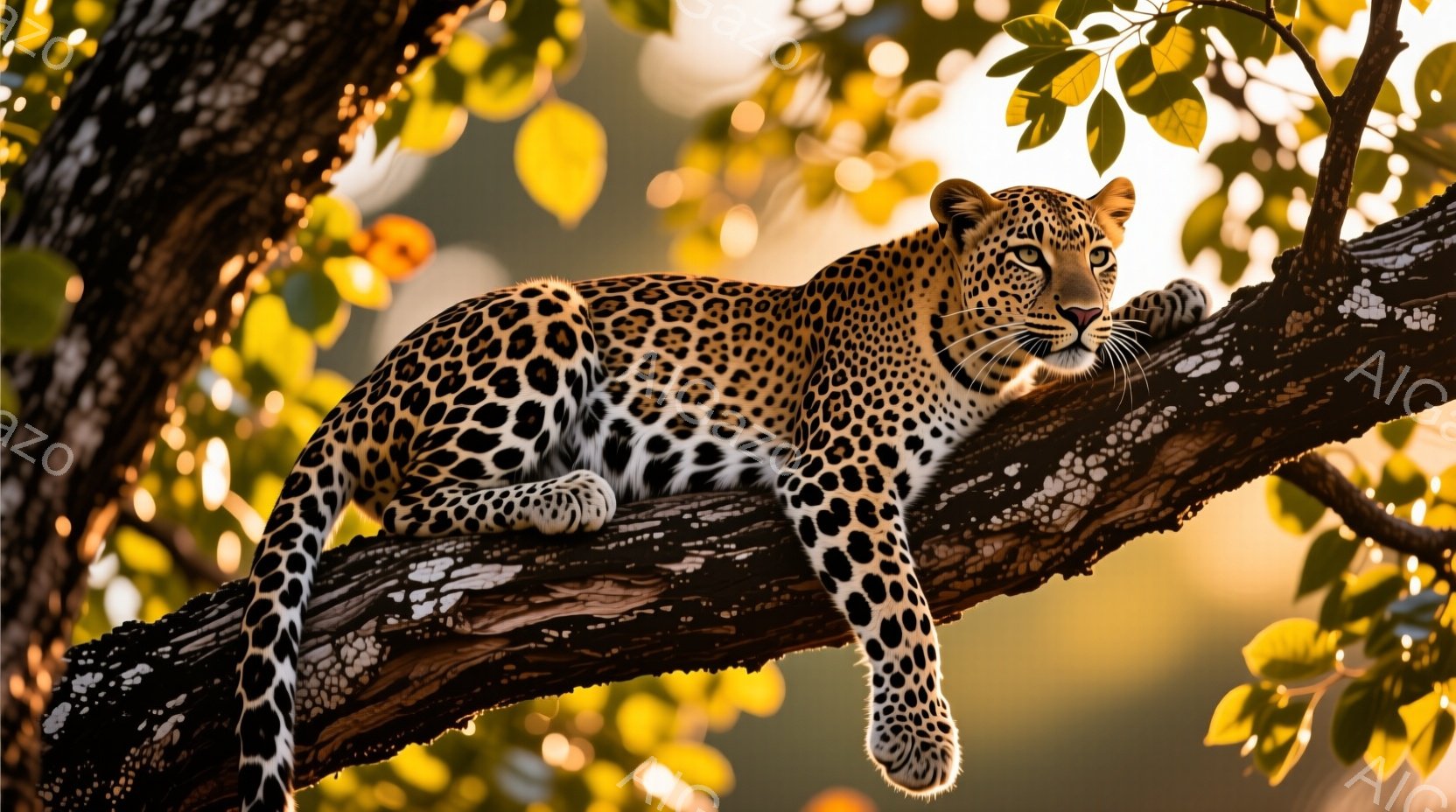 木の枝にヒョウがゆったりと横たわっている様子が捉えられています。その毛皮は、特徴的な黒い斑点模様で覆われ、夕日の暖かな光に照らされています。背景には緑豊かな葉が生い茂る木々と、ぼやけた夕焼け空が広がり、安らかで穏やかな雰囲気を醸し出しています。