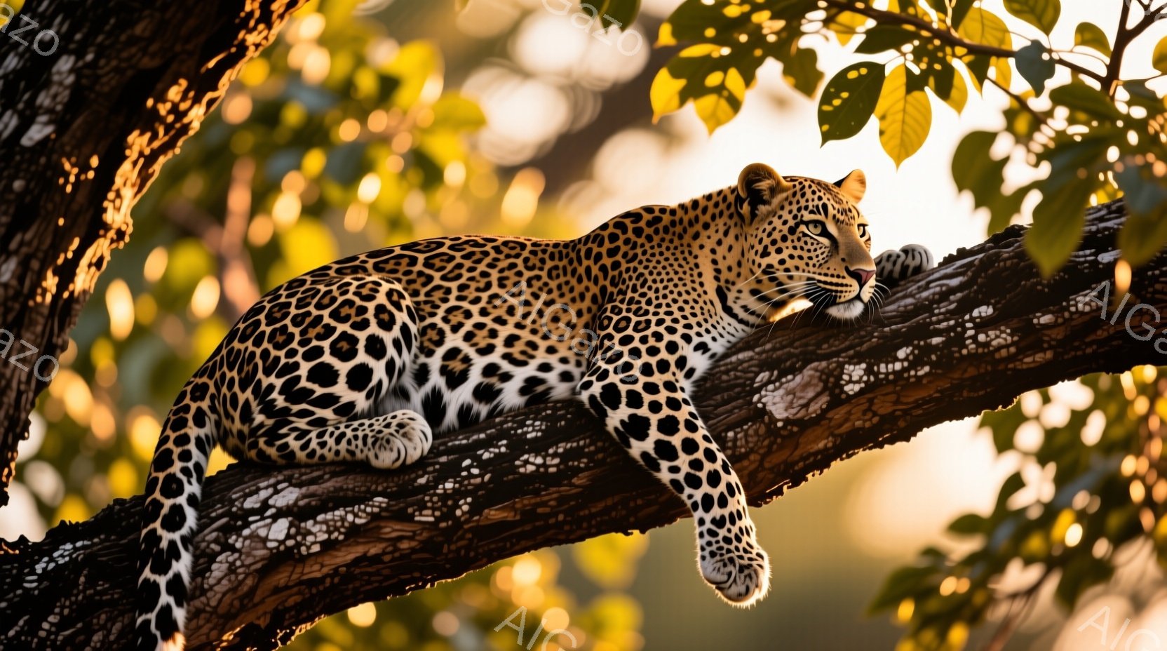 鮮やかな日差しが差し込む木の上に、ヒョウが悠々と横たわっている。その毛並みは特徴的な斑点で覆われ、リラックスした表情で目を細めている。背景には緑豊かな葉が広がり、穏やかで平和な雰囲気を醸し出している。