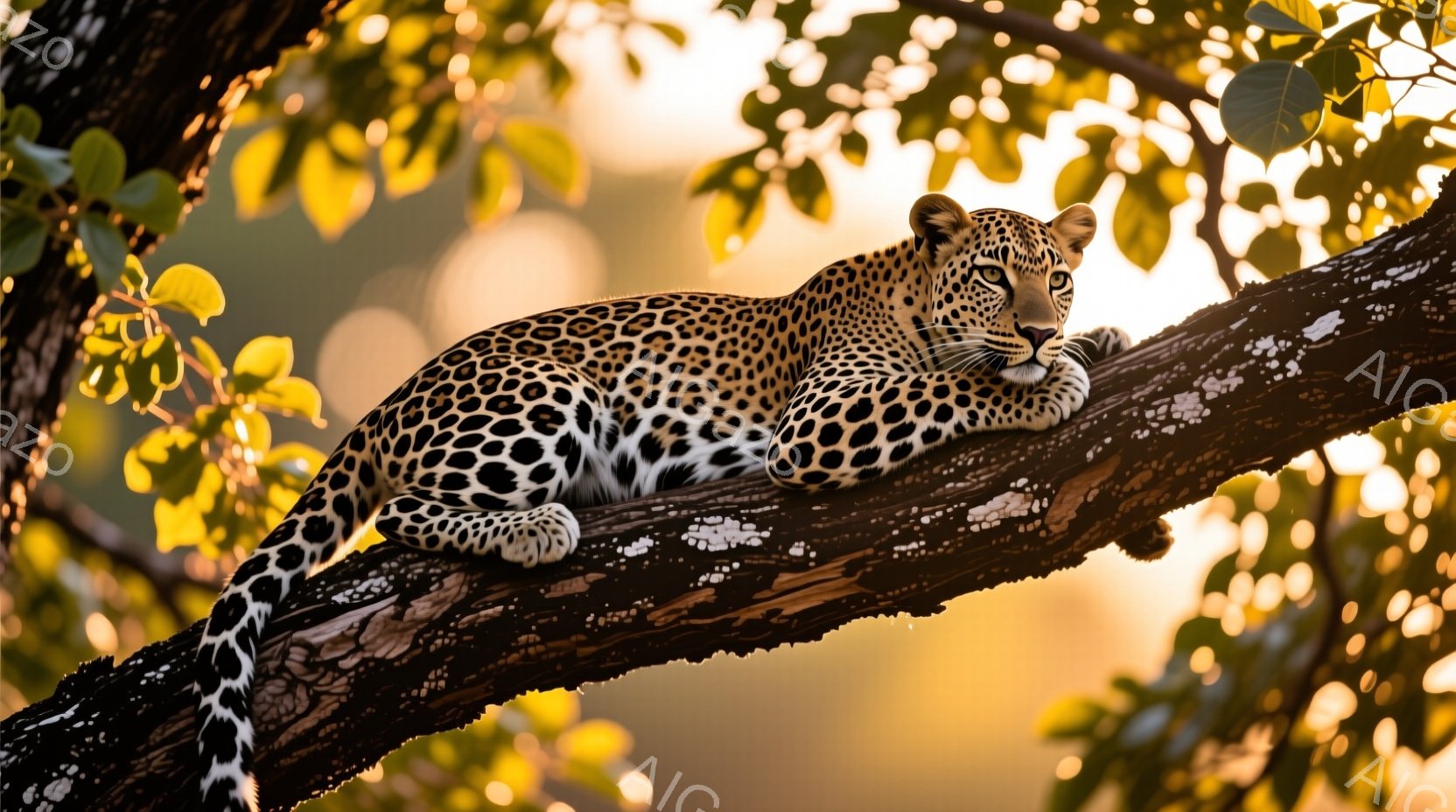 鮮やかな太陽光が差し込む木の上で、ヒョウが優雅に横たわっている。その体は特徴的な斑点模様で覆われ、長い尾が枝から垂れ下がっている。背景はぼやけた黄色の葉で、リラックスした穏やかな雰囲気を醸し出している - AI生成フリー素材