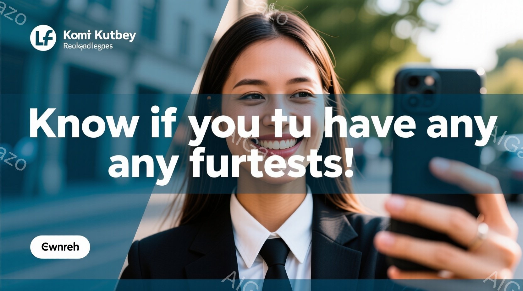 紺色のジャケットを着た若い女性が、スマートフォンで自撮りをしています。彼女は茶色のストレートヘアで、笑顔を見せており、自信に満ちた表情をしています。背景にはモダンな建物が見え、晴れた日の都市部で撮影さ - AI生成フリー素材