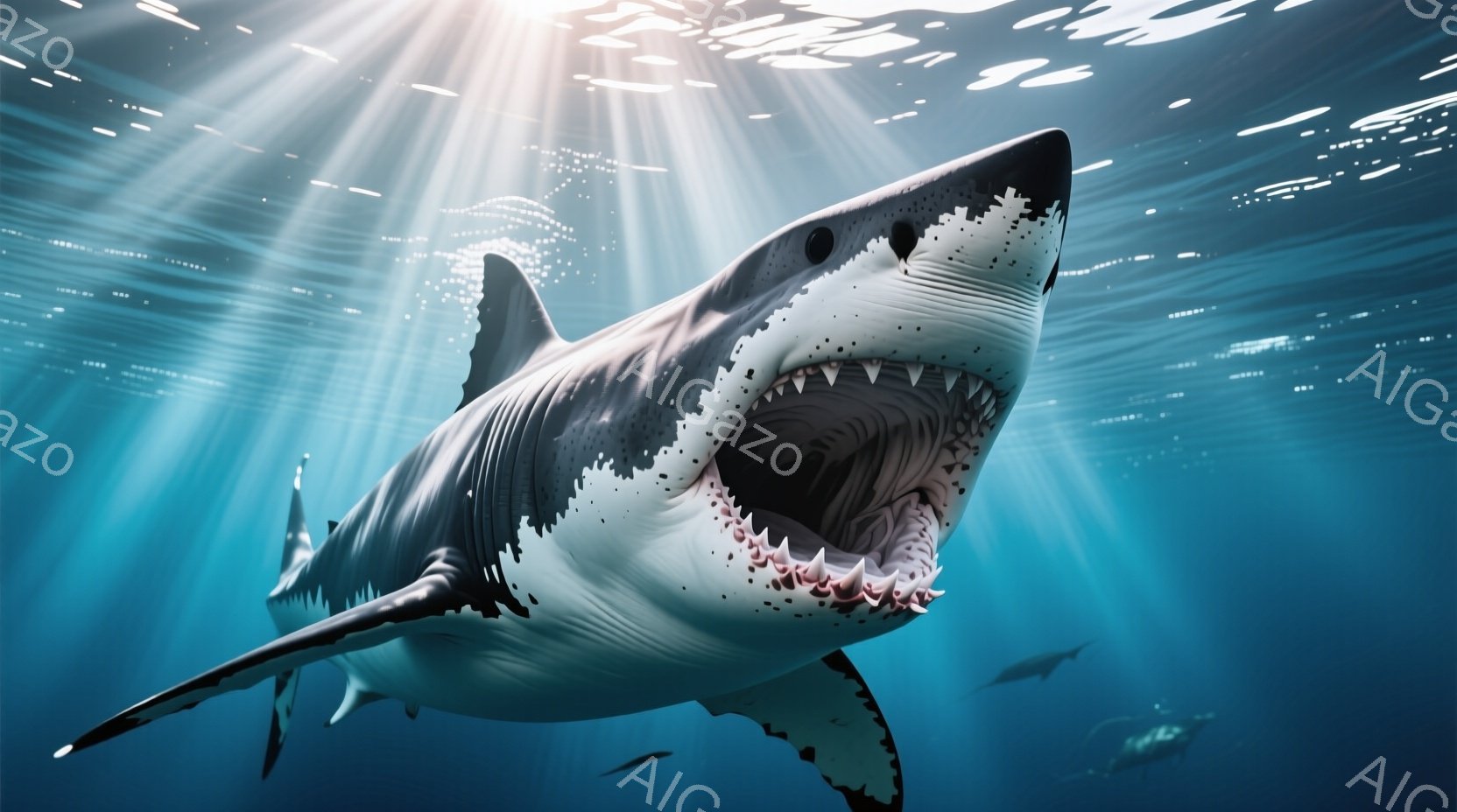 巨大なホホジロザメが、口を大きく開けてこちらを向いています。青い海中を背景に、太陽光線が差し込み、ドラマチックな雰囲気を醸し出しています。下には、他の小さな魚影が見え、深海を漂う様子が伺えます。
