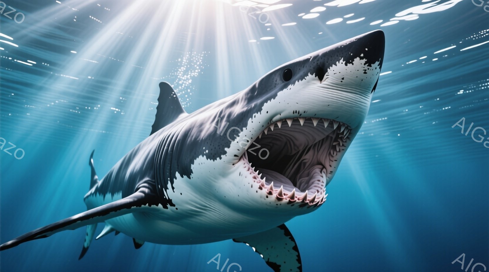 強力なホホジロザメが、口を大きく開けて水中を泳いでいる様子が捉えられています。体は灰色と白のコントラストがはっきりとしており、鋭い歯が強調されています。背景には光線が差し込み、水中の神秘的な雰囲気を高めています。