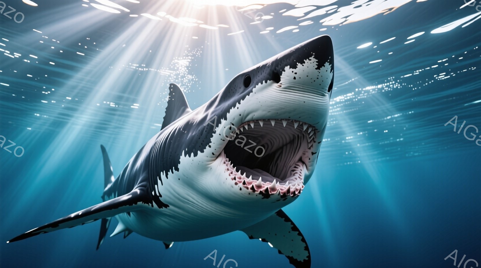 巨大なホホジロザメが、口を大きく開けてこちらを向いており、鋭い歯が際立っています。水中に射し込む強い光線が、水中の粒子を照らし、ドラマチックな雰囲気を醸し出しています。青い水中背景は、深海を連想させ、サメの力強さを際立たせています。