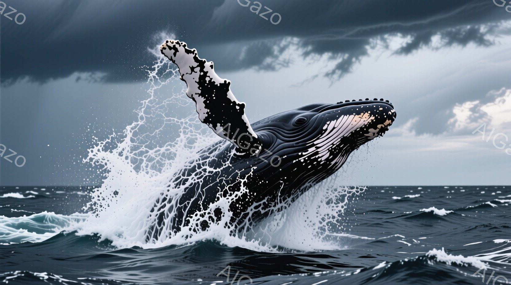 深い青色の海中で、大きなコククジラが水面から跳躍している様子が捉えられています。鯨は左側のヒレを空中に高く上げ、波しぶきを巻き上げながらダイナミックなポーズを取っています。背景は暗い雲に覆われ、荒れた海と合わせて、力強く、壮大な雰囲気を醸し出しています。