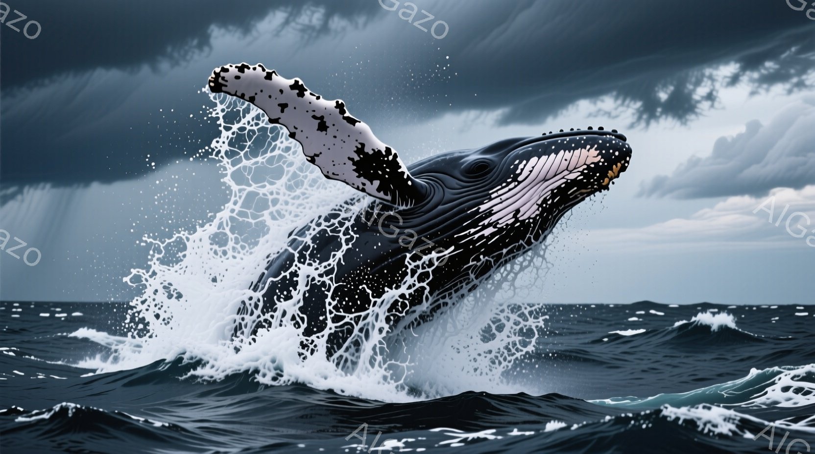 巨大なコククジラが荒々しい海から躍り出ている様子が描かれている。波しぶきが飛び散り、その力強い躍動感と海の壮大さを強調している。背景には暗雲が立ち込め、嵐のような天候を示唆し、全体的にダイナミックで迫力のある雰囲気を醸し出している。