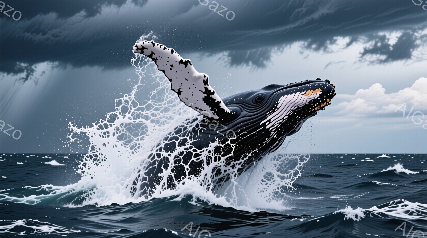 広大な海で、巨大なコククジラが水面から大きく飛び出している様子が捉えられています。波しぶきが四方八方に飛び散り、躍動感あふれる姿が印象的です。暗い雲空が背景に広がり、荒々しい海とクジラの力強い姿が対照的に描かれています。