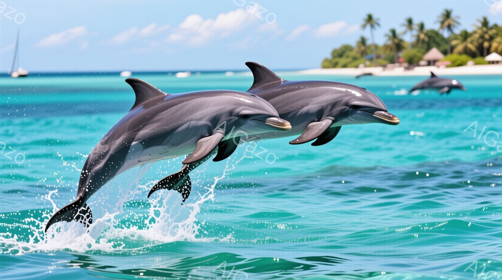 ターコイズブルーの海で、３匹のイルカが躍動的に飛び跳ねている様子が捉えられています。波しぶきを上げながら、イルカたちは楽しげに泳ぎ、背景には白い砂浜とヤシの木が生い茂る熱帯の島が見えます。晴天で穏やかな海面は、リラックスした平和な雰囲気を醸し出しています。