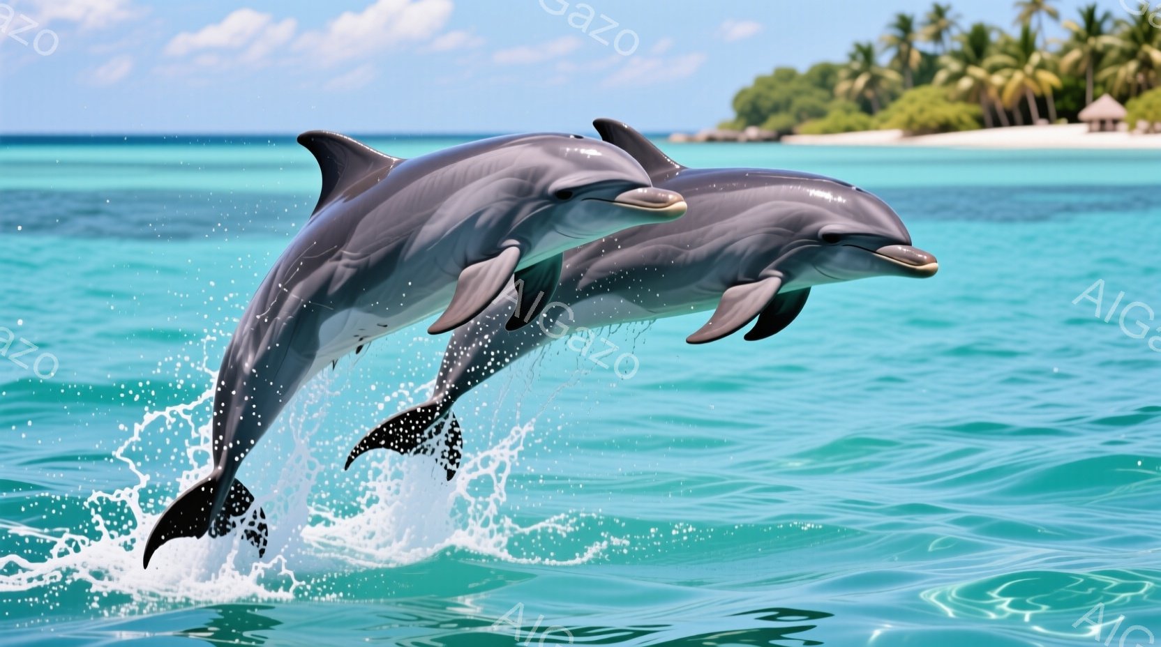 鮮やかなターコイズブルーの海中で、2匹のバンドウイルカが躍動的に跳躍している様子が捉えられています。イルカたちは体を大きく反らせ、水しぶきを上げながら、滑らかで流線型のシルエットを描いています。背景に - AI生成フリー素材