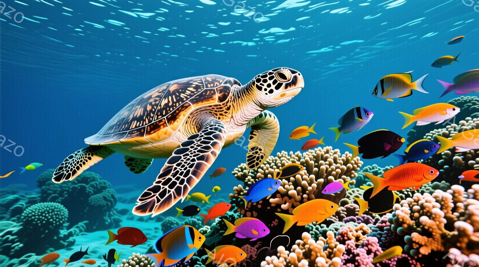 青い海中で、大きなウミガメが優雅に泳いでいる様子が描かれています。カラフルなサンゴ礁が背景に広がり、オレンジ、青、黄色、紫などの熱帯魚が多数泳いでおり、活気に満ちた水中世界を表現しています。光が水面か - AI生成フリー素材