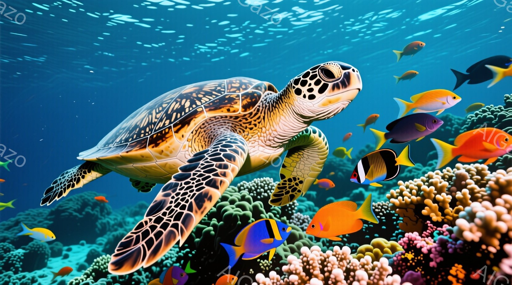 鮮やかな珊瑚礁の上を泳ぐウミガメを描いています。ウミガメは茶色と黄色の模様を持ち、ゆったりと水中を漂っています。背景には、さまざまなカラフルな熱帯魚と、光が差し込む水中の様子が広がっており、穏やかで生 - AI生成フリー素材