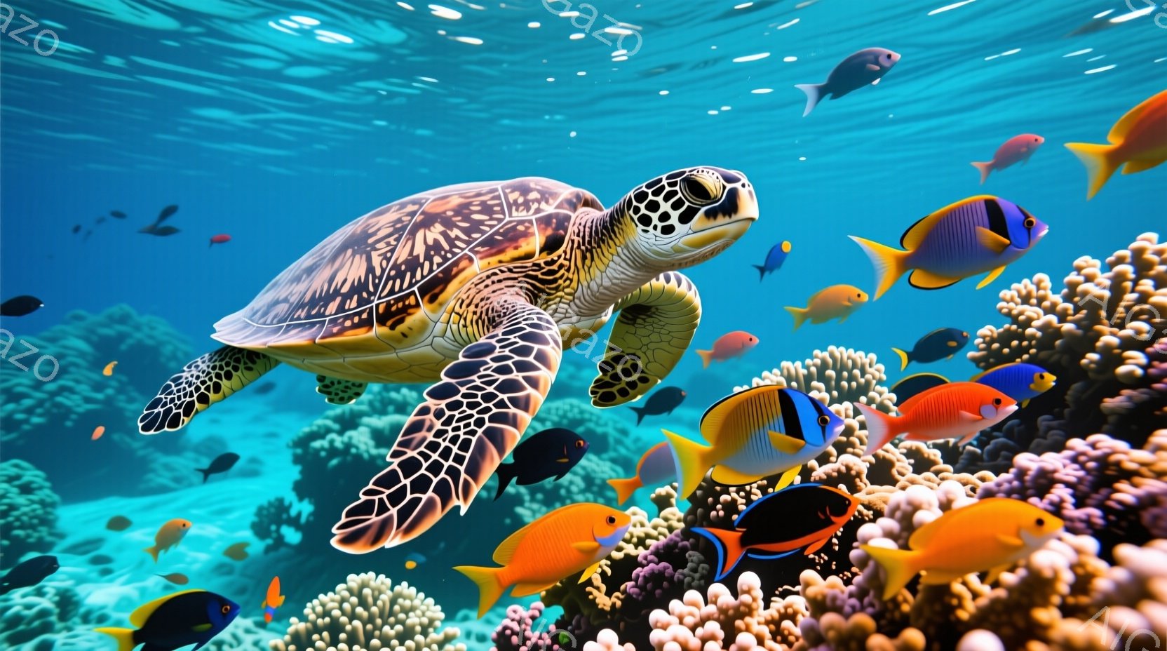鮮やかな青い海中に、甲羅に模様のある大きなウミガメが優雅に泳いでいる。 周囲には、オレンジ色や青色の熱帯魚たちが珊瑚礁の間を活発に動き回り、水中の色彩豊かな生態系を形成している。 全体的に、穏やかで生命力に満ちた、美しい海の光景が広がっている。