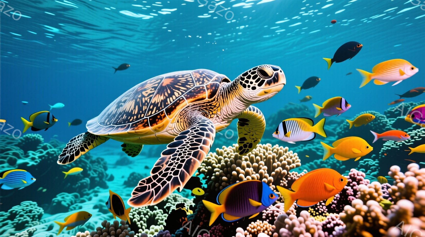 鮮やかな青色の海中には、大きなウミガメが優雅に泳いでいる。周囲にはカラフルな熱帯魚たちが群れをなし、白やピンク色のサンゴ礁が広がっている。全体的に穏やかで生命力に満ちた、美しい海洋の雰囲気が漂っている - AI生成フリー素材