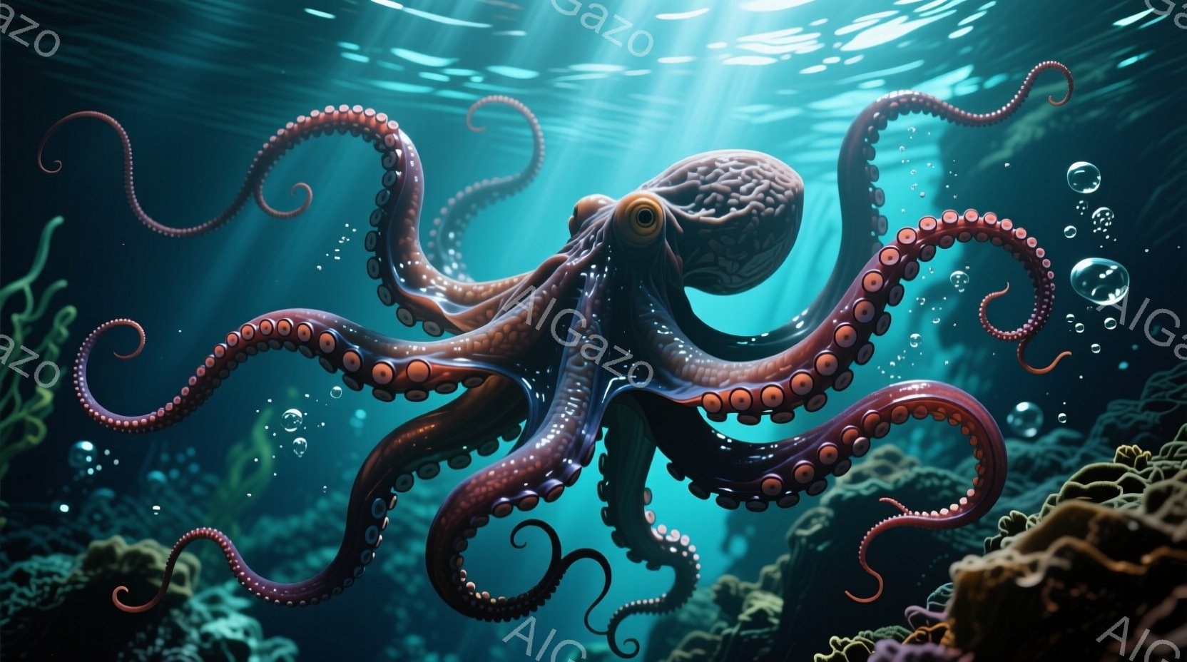 深い青色の海中に、赤褐色のタコが浮遊している。タコの目は大きく、好奇心と知性を示すように見開かれている。背景には、暗礁や海藻が見え、太陽光が差し込み、神秘的な雰囲気を醸し出している。 - AI生成フリー素材