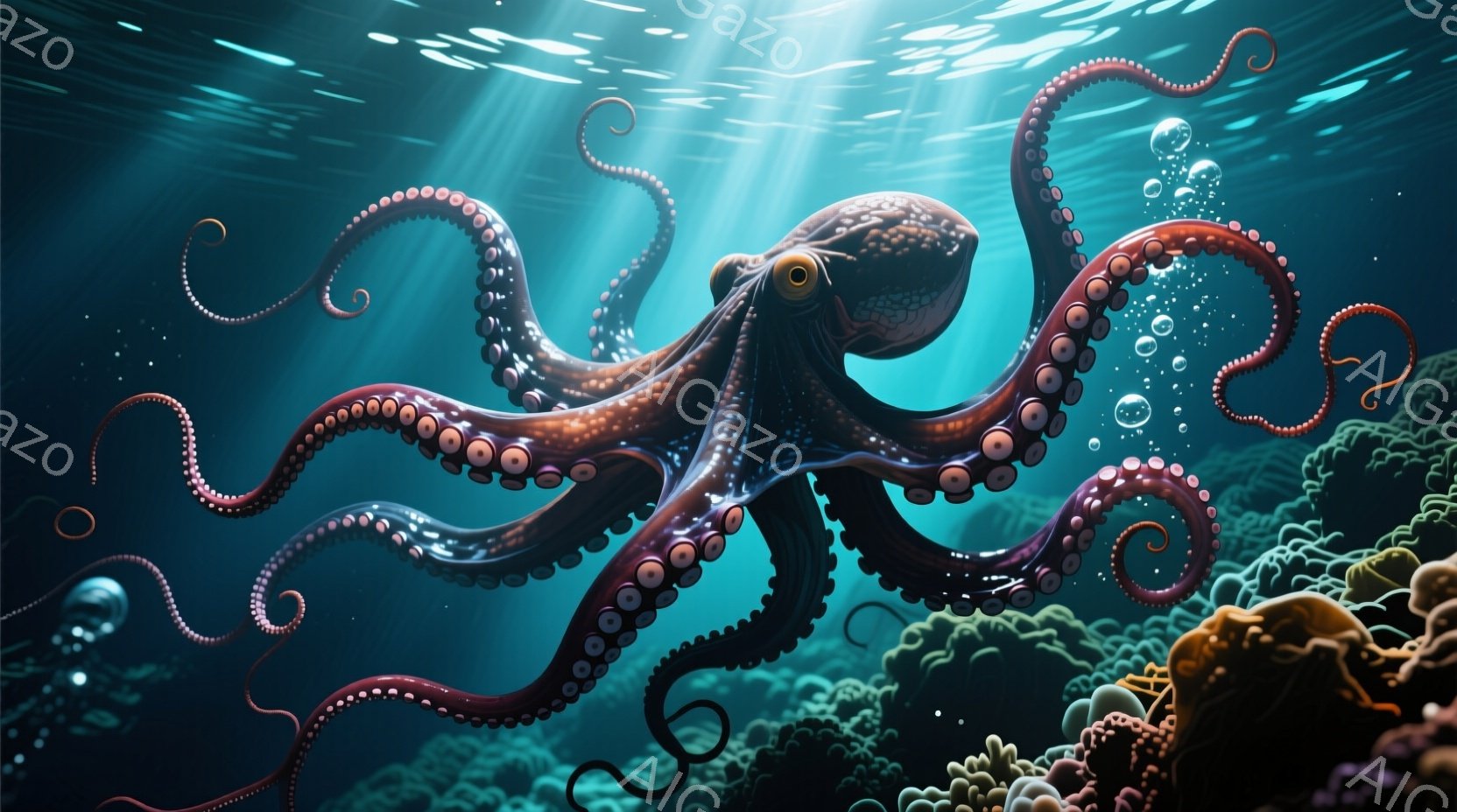 深い青色の海中に、鮮やかな赤褐色のタコが悠々と漂っている。タコの腕はねじれ、複雑に絡み合い、吸盤が密集して見える。背景には、様々な色のサンゴ礁が広がり、水中に光の筋が差し込み、幻想的な雰囲気を醸し出し - AI生成フリー素材