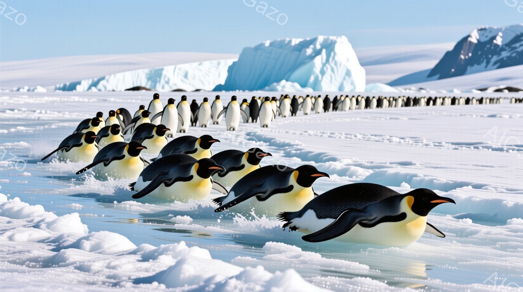 多数のアデリーペンギンが氷の上の浅い水面を隊列をなして進んでいる。背景には広大な氷原と、青白く輝く氷山がそびえ立ち、極寒の南極の風景が広がっている。ペンギンたちは活発に動き、厳しい環境にも関わらず生命力にあふれた様子が伝わってくる。