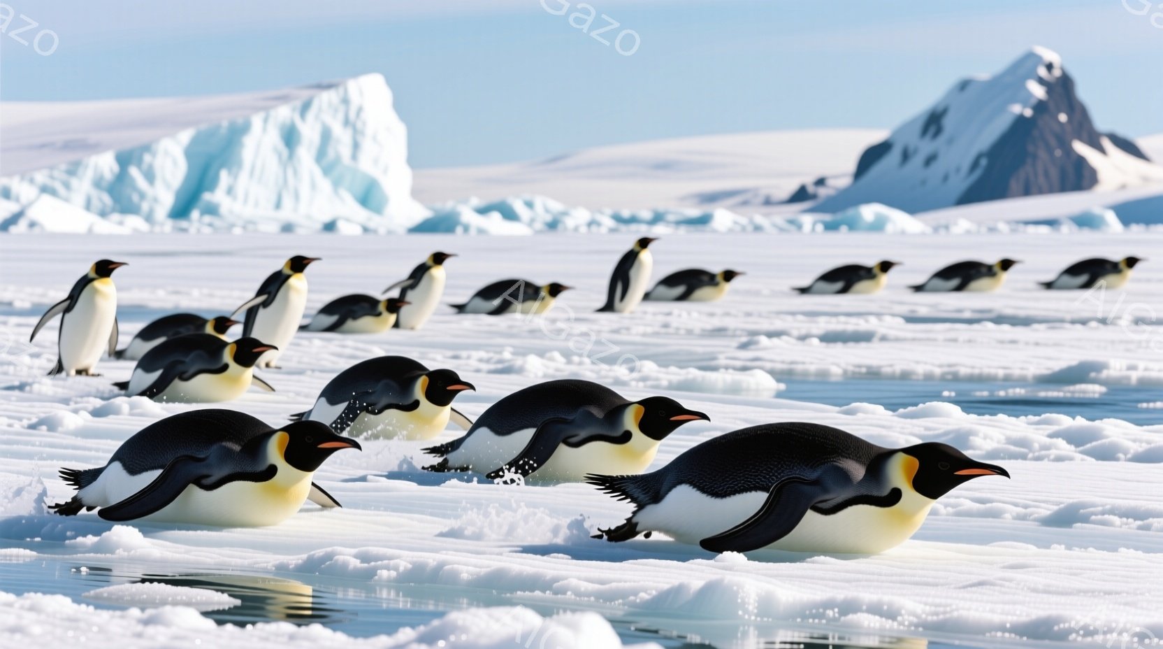 多数のペンギンが氷の上を歩いている様子が写っています。彼らは皆同じ種類のペンギンで、黒と白のコントラストが鮮やかで、氷の白い背景に映えています。背景には氷山がそびえ立ち、冷たい空気と厳しい自然環境を感じさせます。