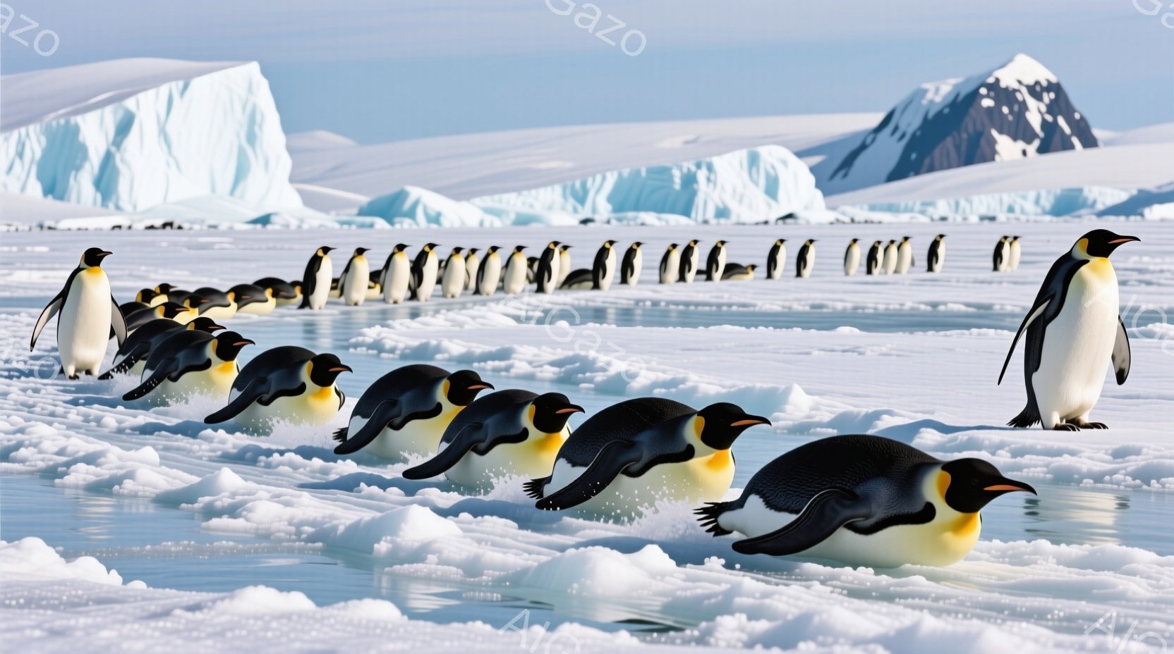 アデリーペンギンの一群が、氷の浮き島の上を整然と行進している様子が捉えられています。背景には、青白い氷山が連なり、寒々とした南極の風景が広がっています。ペンギンたちは皆同じ方向に進んでおり、その姿は規則的で、静かで厳かな雰囲気を醸し出しています。