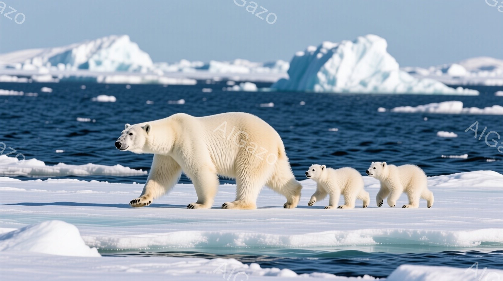 白い氷原を、親のホッキョクグマと二匹の子グマが歩いている様子が描かれている。親グマは堂々とした足取りで先導し、子グマたちはその後を懸命に追っている。背景には青い海と氷山が広がり、冷たく厳しい自然環境が感じられる。