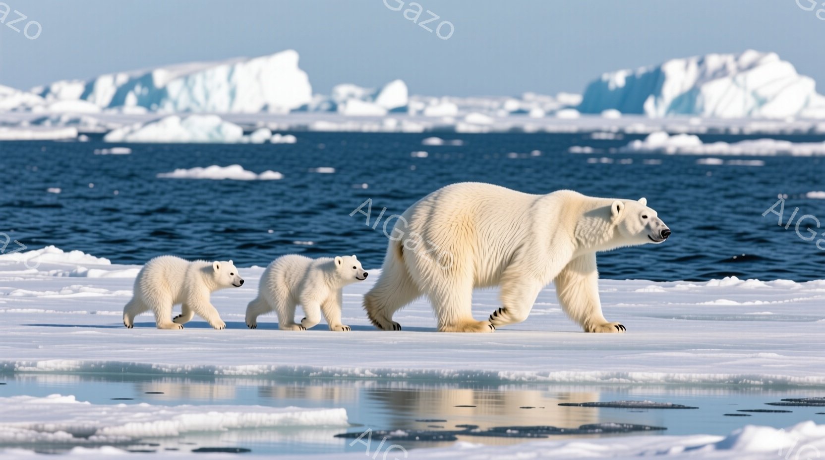 広大な氷原を、母グマと子グマ2頭が歩いている様子が捉えられている。母グマは力強く歩調を刻み、子グマたちは母に続いて懸命に歩いている。背景には、青く輝く海と氷山が広がり、極寒の厳しい自然環境が感じられる - AI生成フリー素材