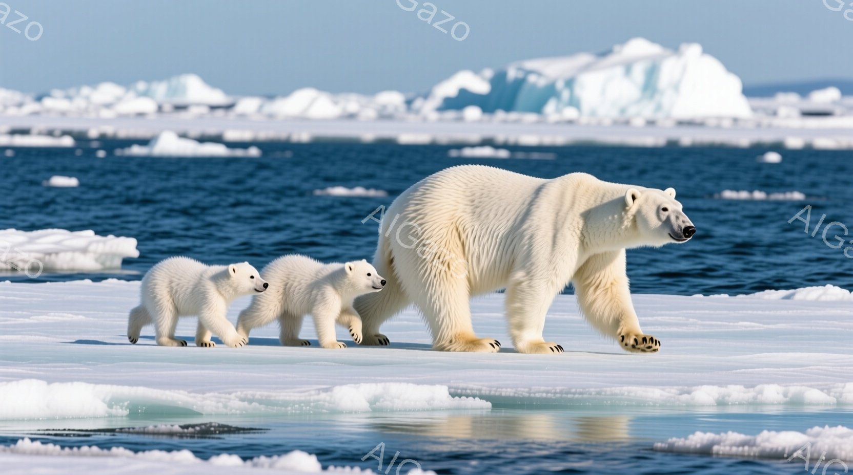 白い氷の上を、大きなホッキョクグマと、その子2頭が歩いている様子が写されている。背景には青い海と、様々な形の氷山が広がり、冷たく静かな北極の雰囲気が漂っている。母グマは子グマたちを後ろに連れ、力強く前へ進む姿は、母性愛と自然の厳しさを感じさせる。